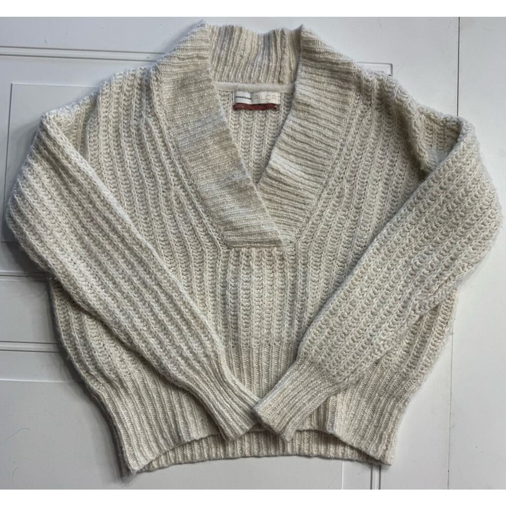 Pilcro Anthropologie Wool Blend Cream Tan V Neck Chunky Crop Sweater Size XS - Picture 1 of 5